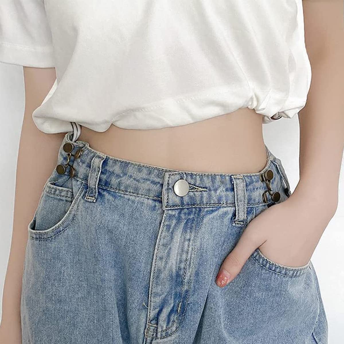 SANNIDHI 4Pcs Adjustable Waist Buckle Extender, Instant Jean Waist Tightener, Detachable Jean Pant Button, Metal Waist Buttons for Loose Pants (No Sewing)
