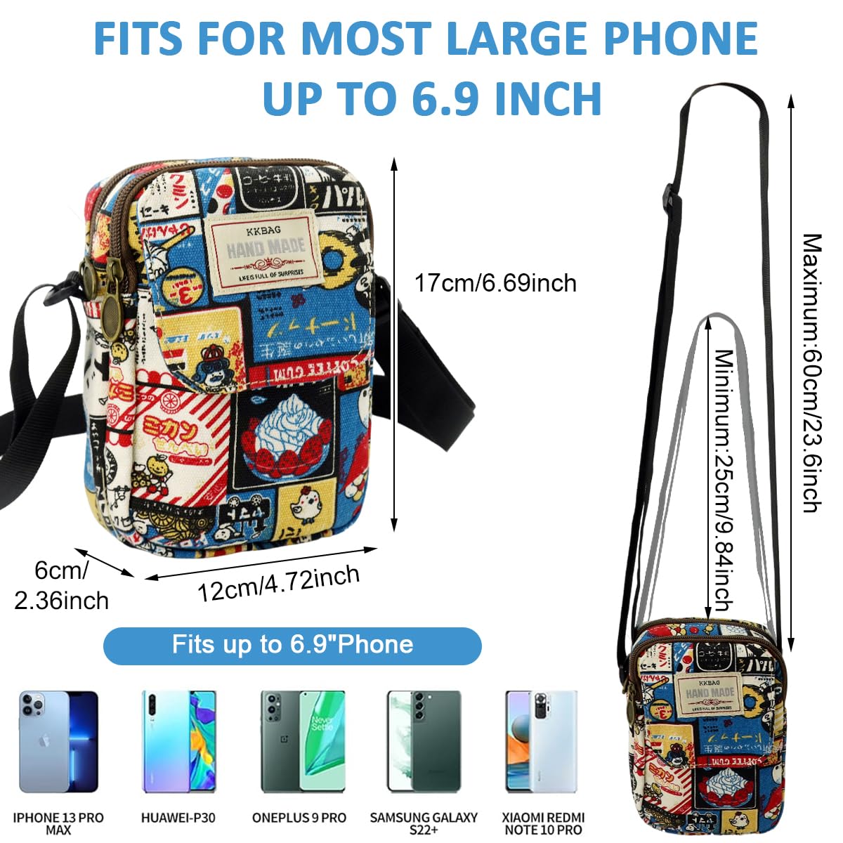 PALAY Cute Canvas Phone Sling Bag Small Casual Utility Bag Cartoon Vintage Print Crossbody Bag Phone Bag Multi Pocket Purse Bag Mini Mobile Pouch