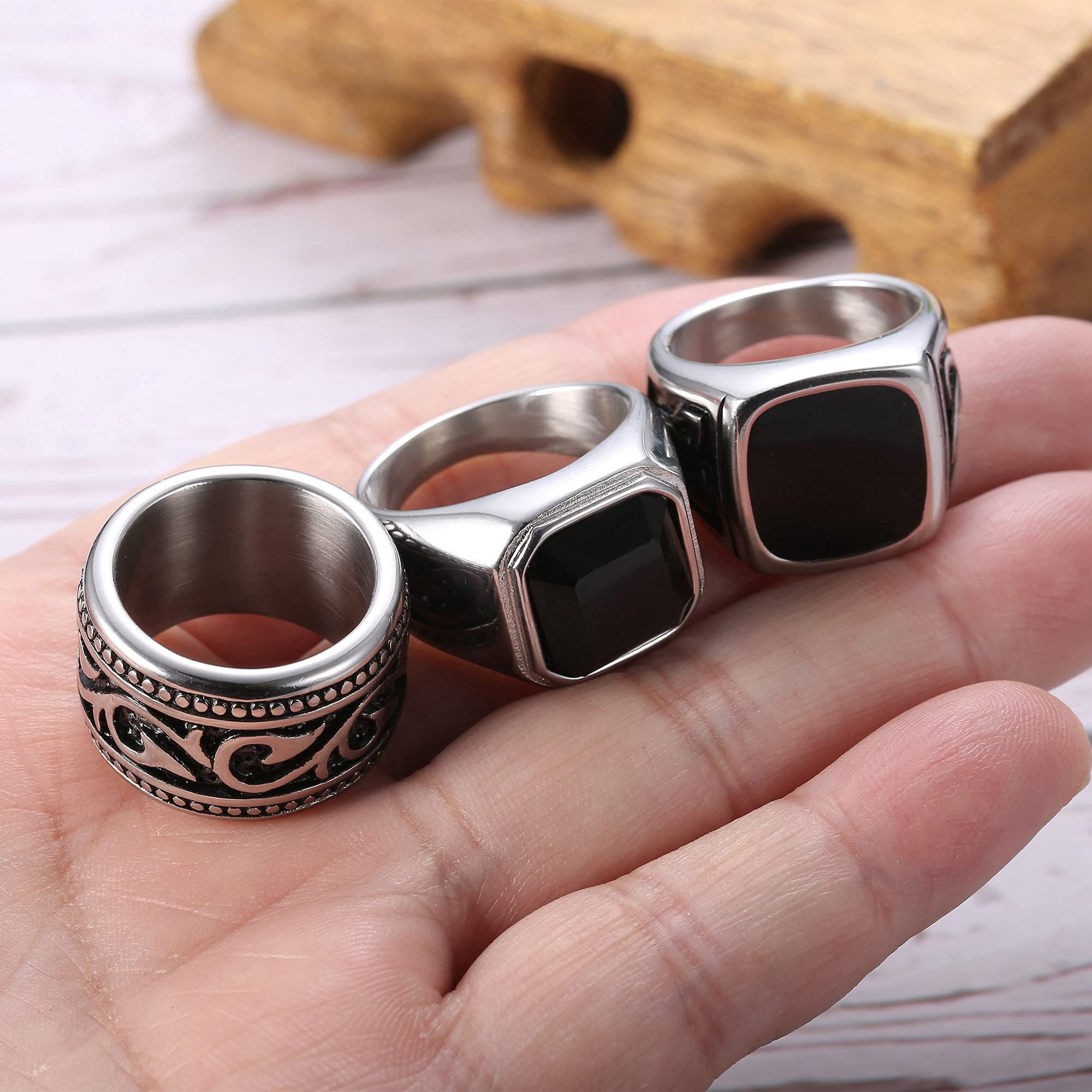 SANNIDHI Titanium Steel Ring for Men with Gift Box,Vintage Carving Pattern Rings Wide Signet Ring Silver,Diameter 18.1(No.8)