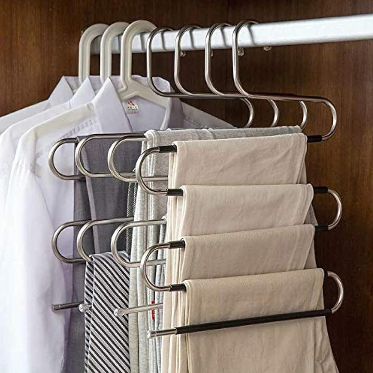 HASTHIP 2 Pcs Stainless Steel Wardrobe Hanger, S-Shape Non-Slip Multi Trousers Tie Scarf Hanger, Space Saving, Durable Clothes Hanger with Anti-Slip PVC Sleeves - Holds Upto 6 Garments