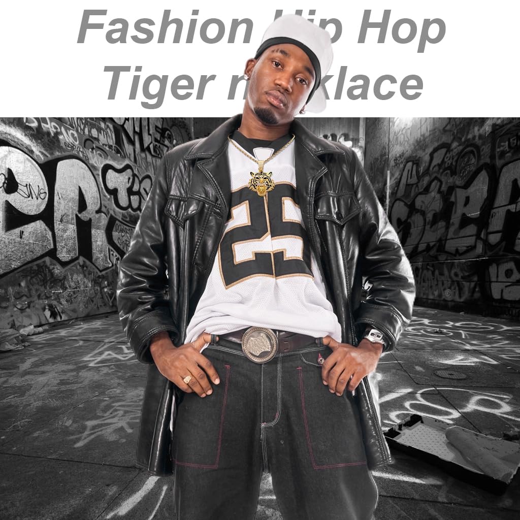 SANNIDHI Necklace for Men, Gold CZ Tiger Head Necklace, Punk Rock Roaring Tiger Men's Necklace, Alloy Shining Rhinestone Hip Hop Animal Jewelry Gift for Men - I'm the King