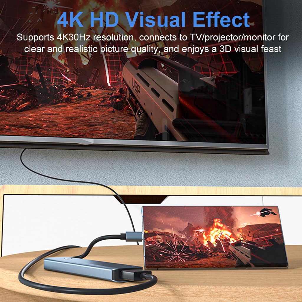 Verilux USB C HUB 5 in 1 USB C to HDMI Adapter with 4K HDMI, 3.0 USB Adapter Multiple Port PD 100W Charging One-Button Screen Off USB Type C Hub for Laptop, MacBook Pro Air, iPhone 15 Max Pro Plus