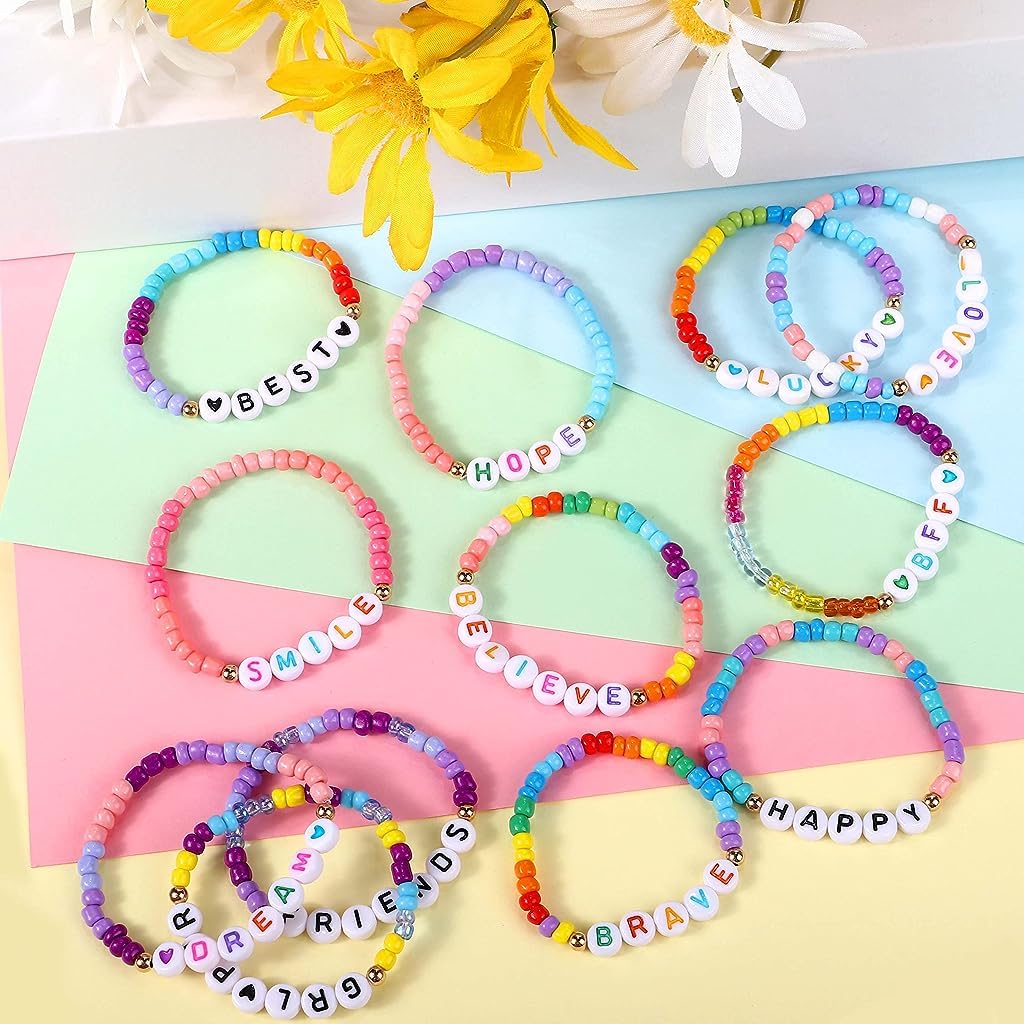 SANNIDHI 12pcs Heishi Surfer Beads Bracelet for Girls Women, Colorful Elastic Friendship Bracelets Set, Acrylic Letter Seed Beads Cheer Bracelets Bulk, Stackable Kids Jewelry Gift