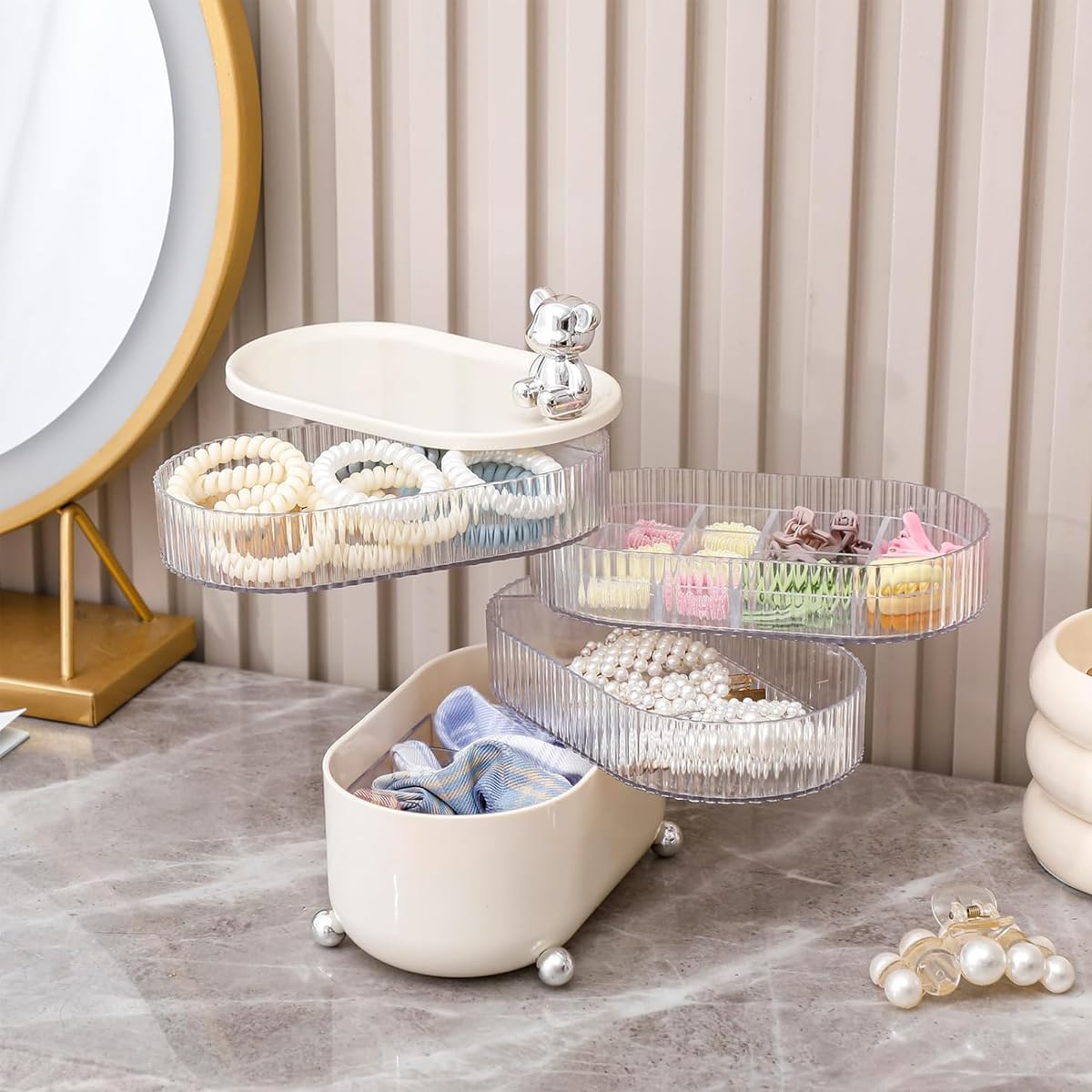 HASTHIP Jewellery Organisers 4-Tiers Jewelry Box Rotatable Hair Accessories Organizer Stand Elegant Dresser Table Acrylic Clear Storage Box for Hair Tie, Scrunchie, Earrings, Bracelets Holder