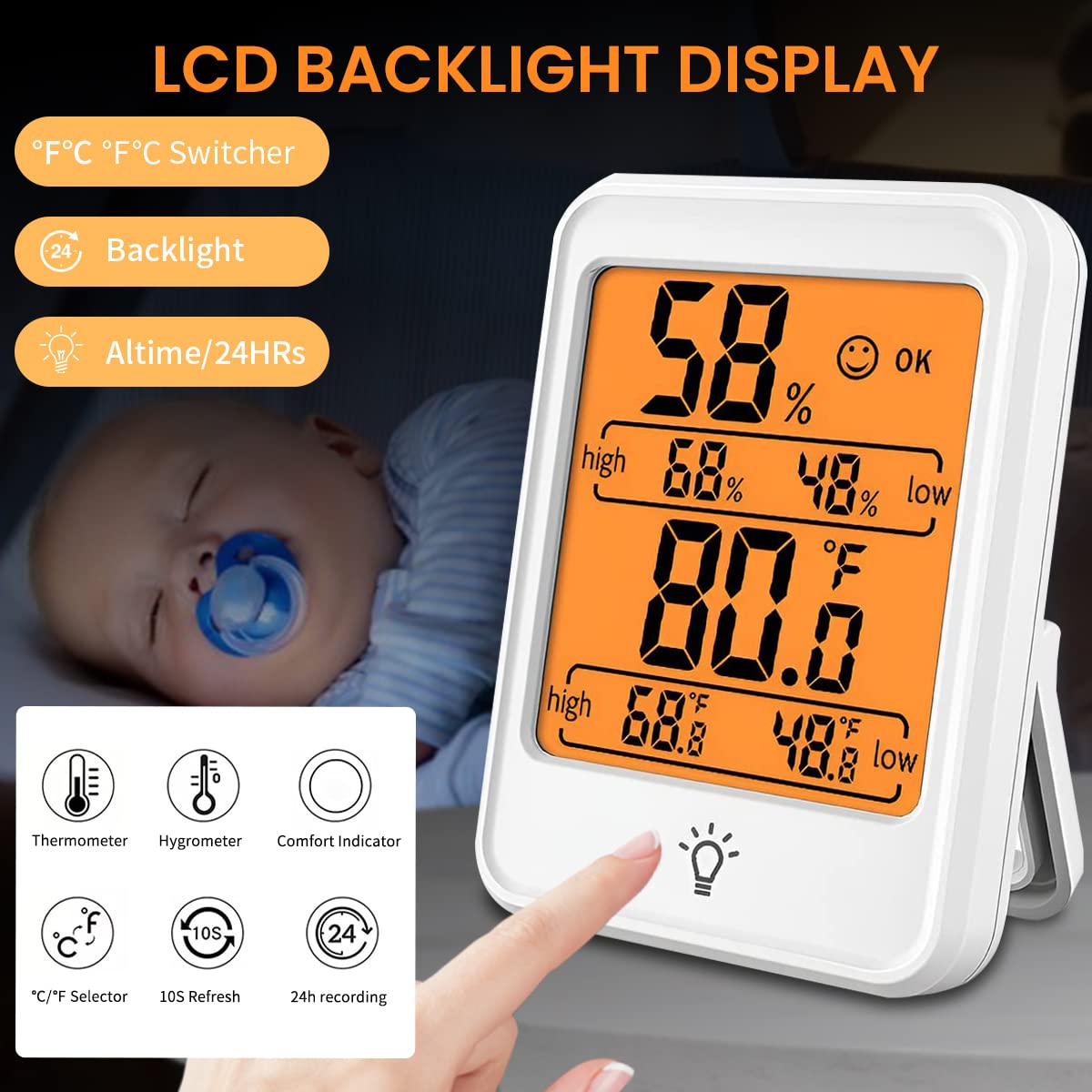 Serplex Electronic LCD Digital Display Indoor Thermometer Hygrometer Weather Station Monitor Hygrometer Backlit Humidity Guage Accurate Temperature Monitor Meter with Stand for Home Office Green House