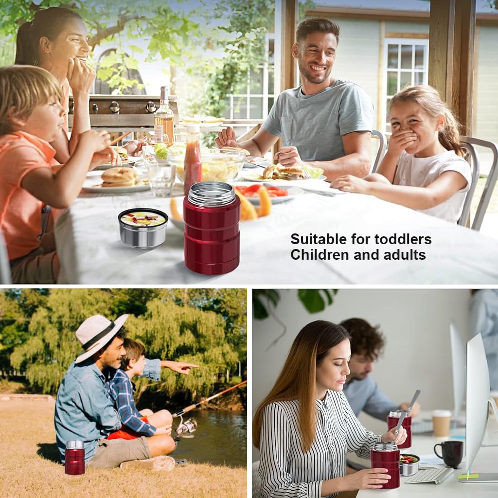 Supvox Vacuum Flask 500ml Insulated Food Jar Vacuum Flask Food with Folding Spoon Double Layer 304 Stainless Steel Vacuum Flask Food Lunch Box Hot Food Vacuum Insulated Jar for Porridge, Soup, Red