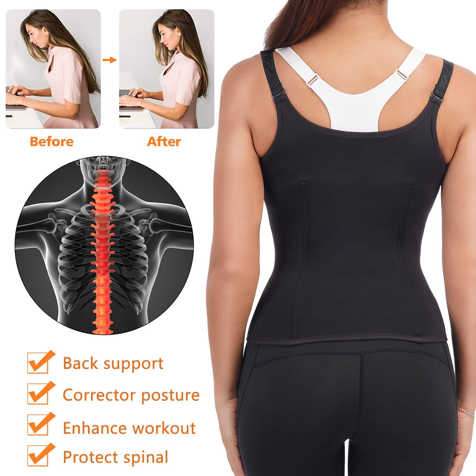 PALAY Waist Trainer for Women Corset Shapewear with Zipper, Women's Waist Cincher Tank Top Vest Sport Workout Girdle Hourglass Body Shaper with Adjustable Straps, XL, Black