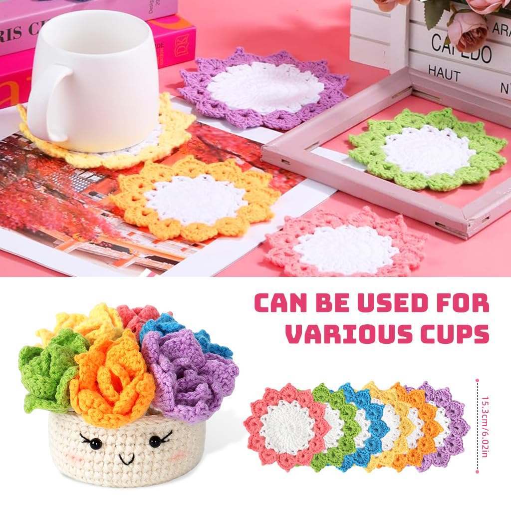 PATPAT DIY Crochet Material Kit 6 Colors Coasters DIY Crochet Floral Coasters and Smile Crochet Cup Material Kit DIY Handmade Crochet Coasters Gift Crochet Starter Kit