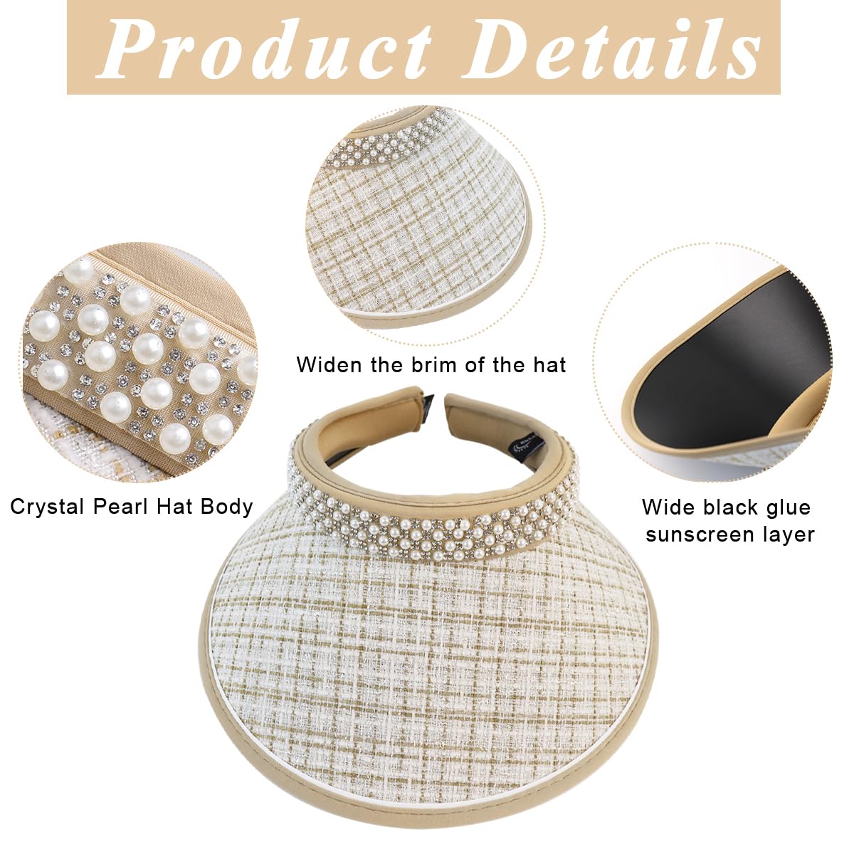 PALAY Sun Hats for Women Wide Brim Visor Beach Hat for Women Summer Hats for Women Fashion Embroidery Pearl Rhinestone Ladies Sport Cap UV Protection Hat - Ajustable