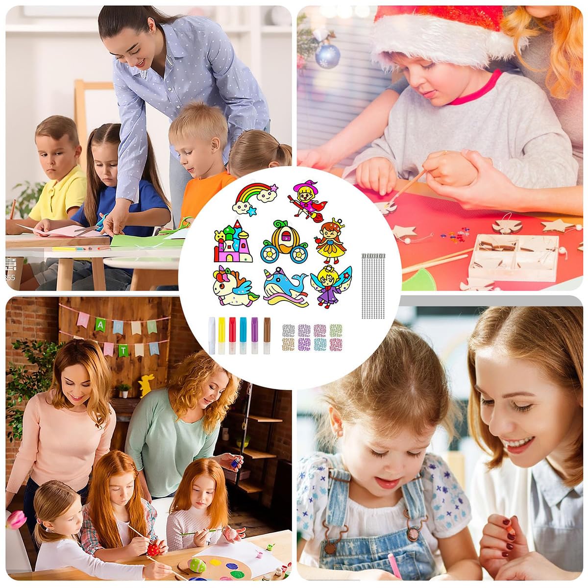PATPAT DIY Suncatcher Painting Craft Kit Set of 8Pcs DIY Cartoon Suncatcher Painting Accessories Vinyl Drawing Kit DIY Key Charms Accessories Kit Children's Day Gift for Kids Age 6+