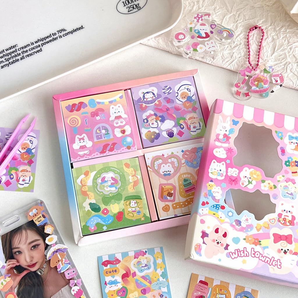 HASTHIP 100 Sheets Kawaii Stickers - Cartoon Stickers Scrapbooking Decorative Decal Stickers for Junk Journal Supplies, DIY Crafts Album Phone Cases Laptops Notebook, 6x6cm Per Sheet