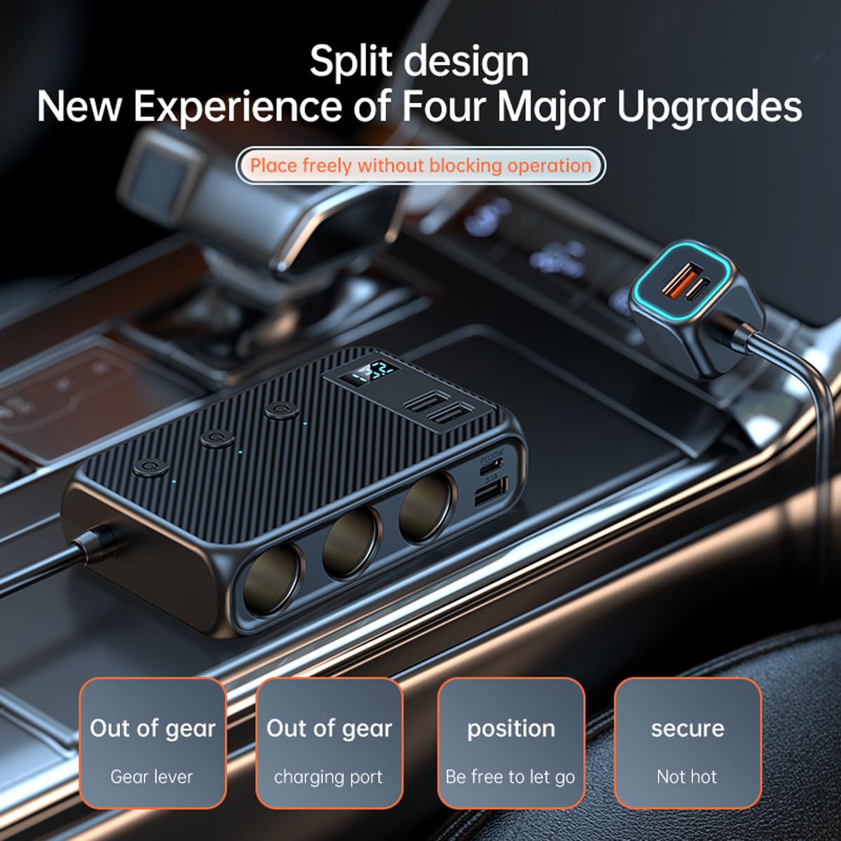 STHIRA Car Cigarette Lighter Extender 170W Car USB Charger with 3 Car Cigarette Lighter Ports Multi USB Ports Support PD 30W Fast Charging LCD Smart Current Display Car Cigarette Lighter USB Charger