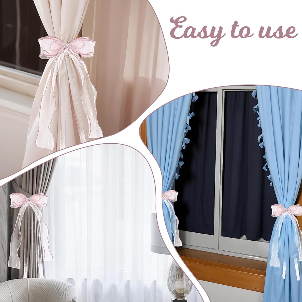 HASTHIP® 2 PCS Bow Curtain Tiebacks Elegant Pink Bow Butterfly Curtain Tiebacks with Pearls Sweet Bowknot Holdbacks for Stylish Home Bedroom Offices Dining Rooms Decoration - 31.5 in(80 cm)