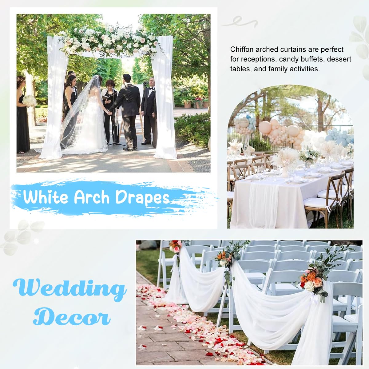 SNOWIE SOFT Wedding Arch Draping Fabric, White Wedding Arch Drapes Sheer Backdrop Curtain with 2 ribbons for Wedding Ceremony Party Ceiling Decor Dreamy Pearl Chiffon Wedding Backdrop For Decoration