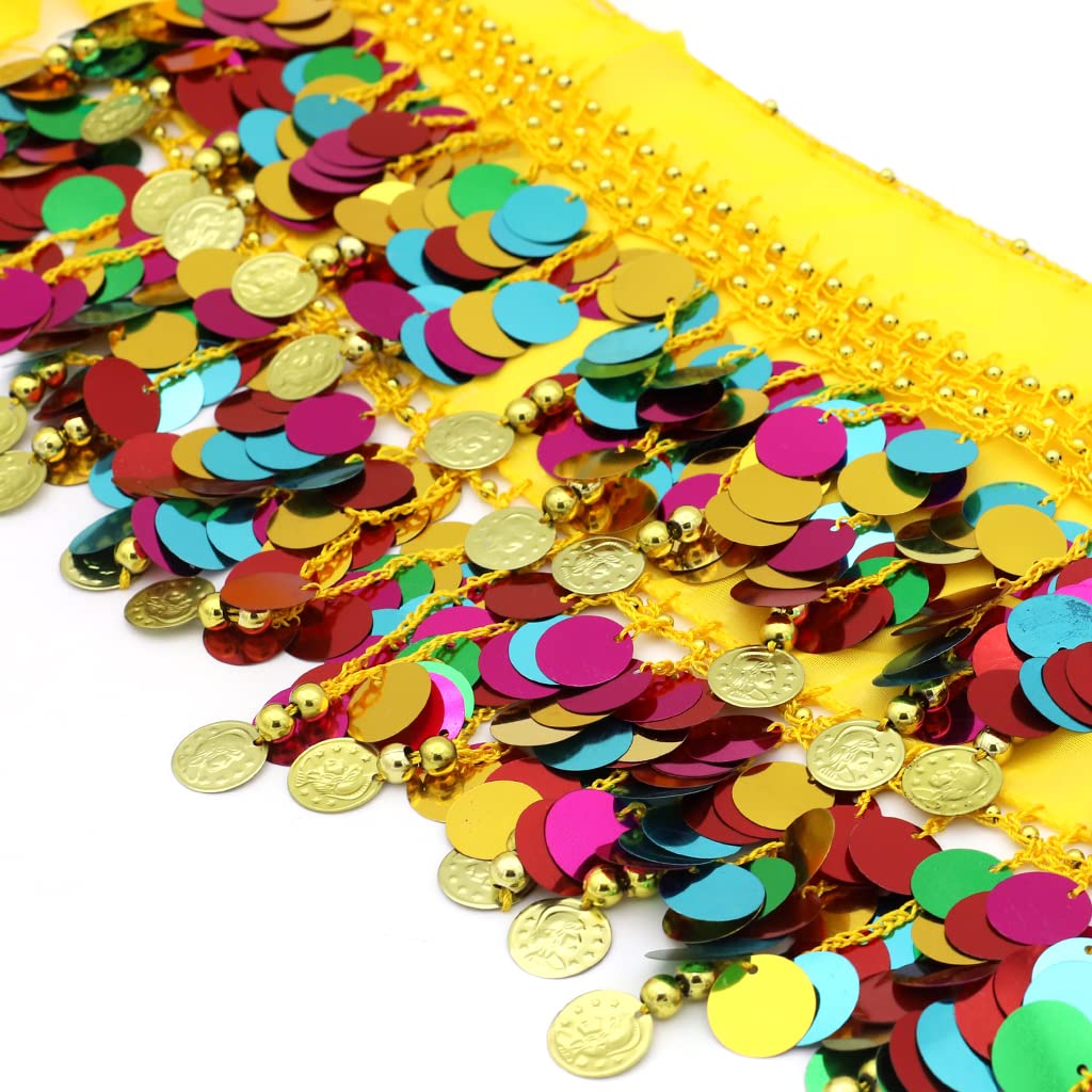 PALAY Belly Dance Hip Scarf Waistband Belt Belly Dance Skirt Wrap with Colorful Bling Coins Fancy Belly Dance Costume Accessories for Women Girls Yellow