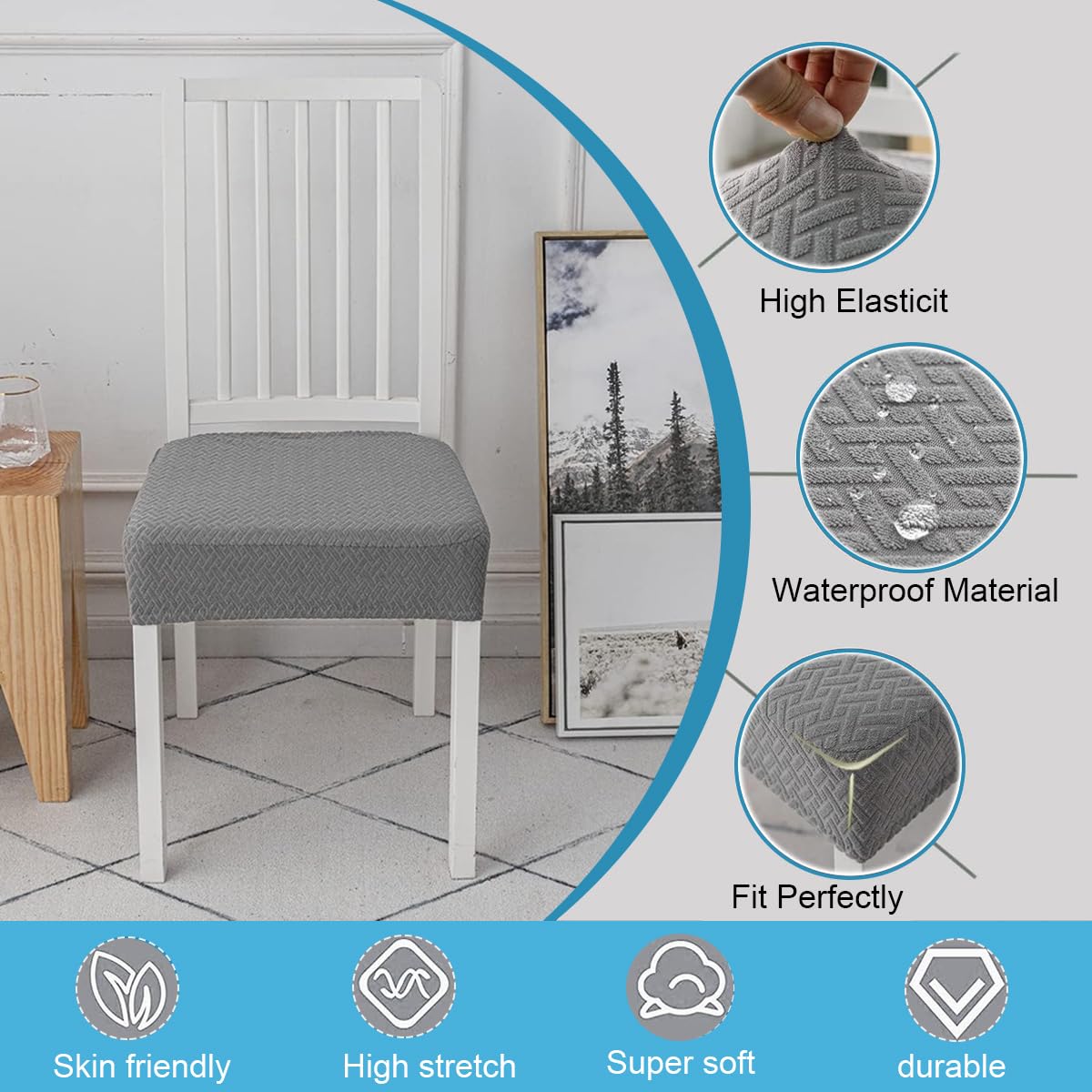 HASTHIP 4Pcs Dining Chair Cushioned Seat Chair Cover Elegant Jacquard Grey Cover Stretchy Dacron Seat Cover for Cushioned Seat Chair, Cushioned Dinning Chair