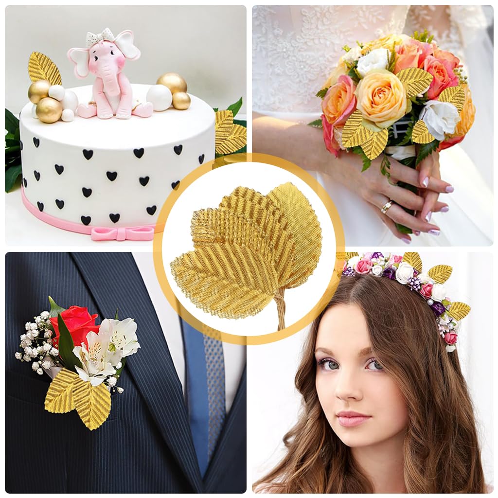 HASTHIP 200Pcs Golden Leaves for Decoration 1.96 inches Fabric Golden Leaves with Flexible Stem, Embossed Golden Leaves Craft Decorative Golden Leaves for DIY Handcrafts, Scrapbooking, Album Decor
