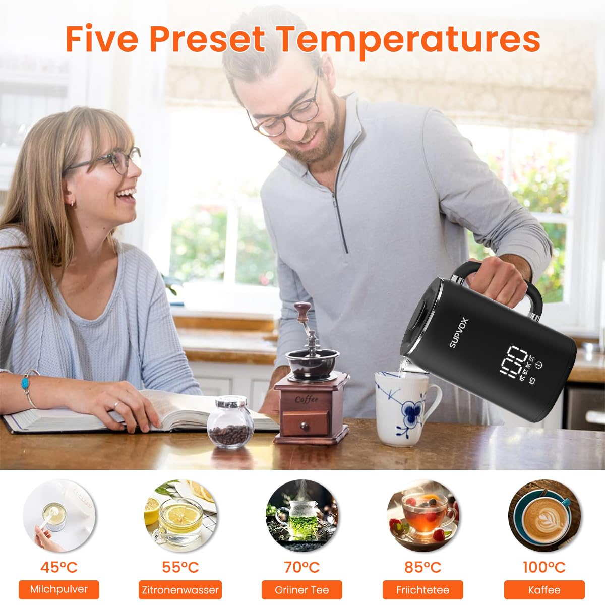 Supvox Electric Kettle for Hot Water Kettle with Temperature Control 1.7 Liter Hot Water Boiler for Home 1500W Electric Tea Maker Machine with 5 Adjustable Temperature LCD Display and Touch Button