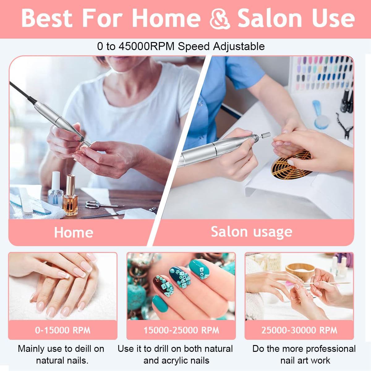 MAYCREATE Electric Nail Drill Professional, 45000RPM Nail Drill Kit for Acrylic Gel Nails Tools, Rechargeable Portable Nail File Manicure Pedicure Kit