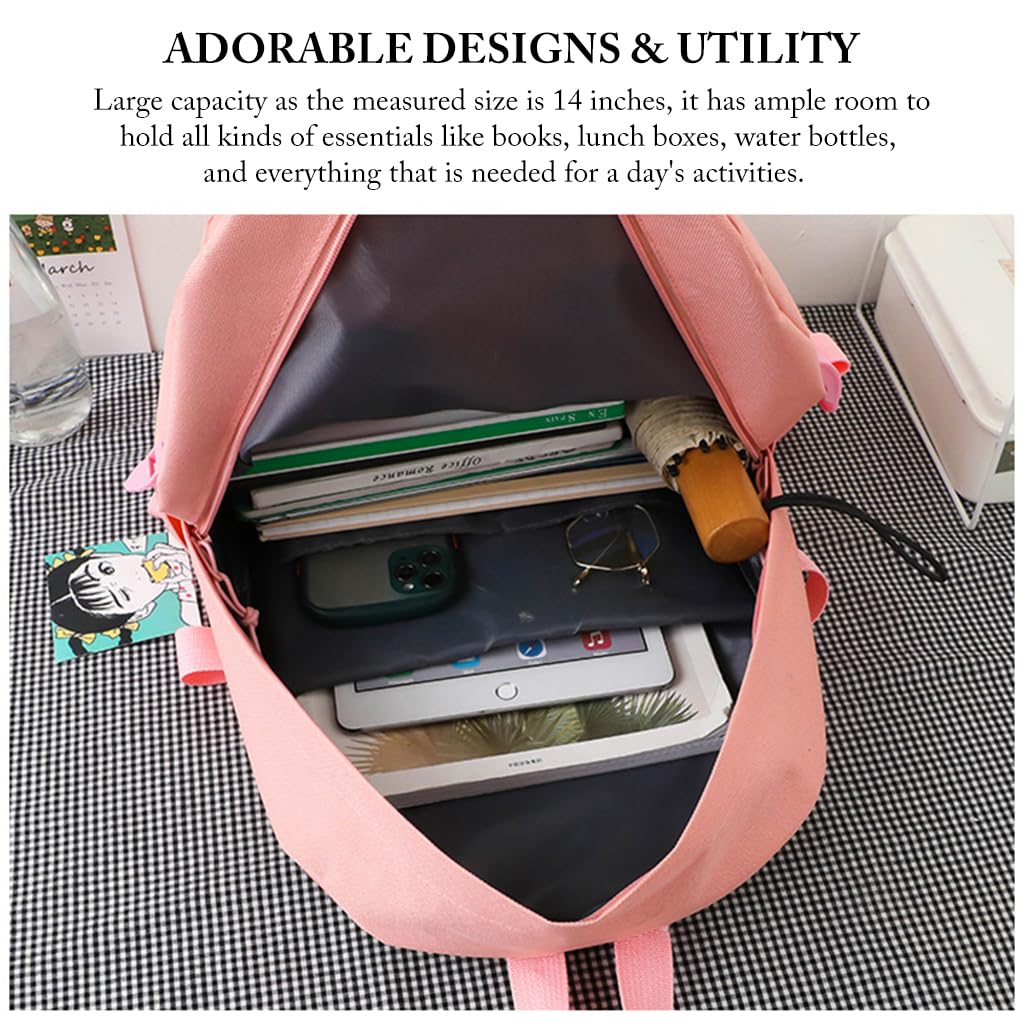 PALAY 5Pcs Set Cute Backpack for Girls Canvas Backpacks Set with Canvas Tote Bag Waterproof Multi-Pocket Kawaii School Backpack for Kids Laptop School Bag