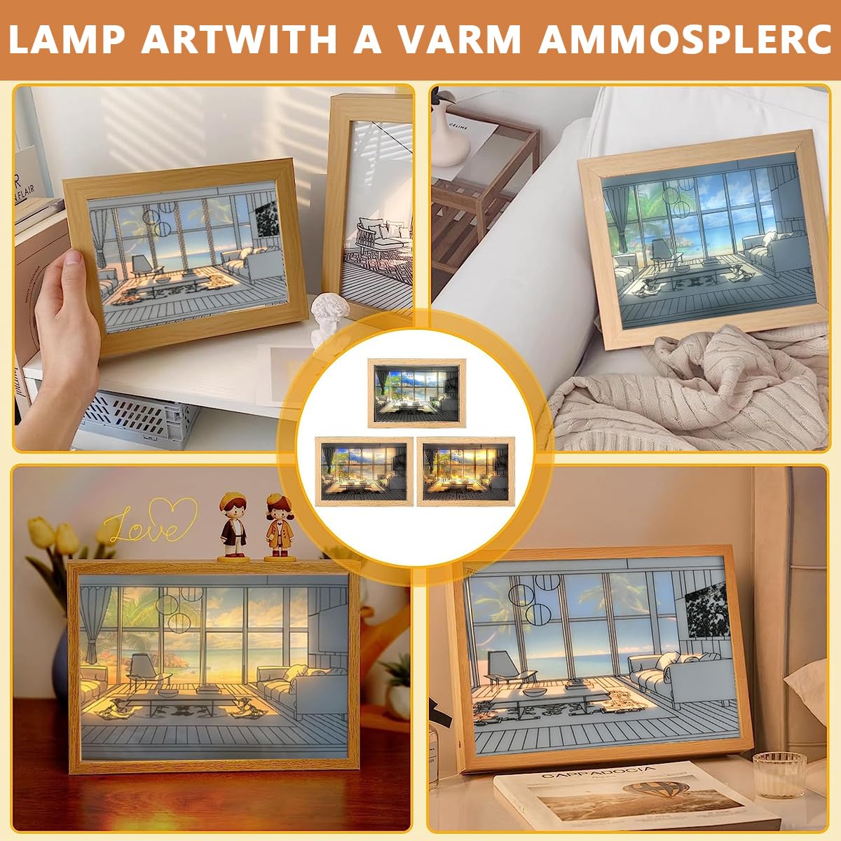 HASTHIP Wooden Framed Art Wall Lighting Painting Decoration, LED Glowing Photo Frame, Adjustable Acrylic Glass Painting Decorative, USB Powered, 3 Lighting Modes, Wall Decor for Home Bedroom (B)