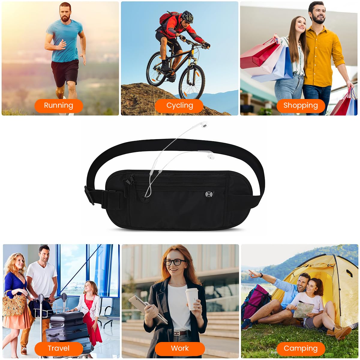 GUSTAVE Waist Bag for Men Women, Waterproof Stylish Waist Pouch, Small Fanny Bag, Nylon mobile bag with Adjustable Belt for Outdoor Hiking, Running, Black