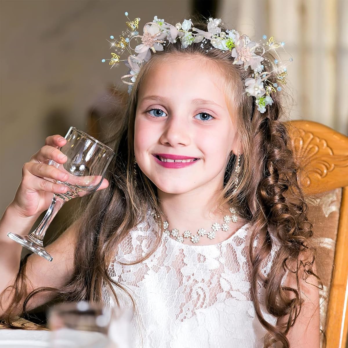 SANNIDHI Flower Crown for Girls Princess Tiara for Girls Kids Wedding Bridal Floral Hair Band for Women Handmade Pearl Crown Headpiece Dress Up Hairband for Birthday Party First Communion Gift
