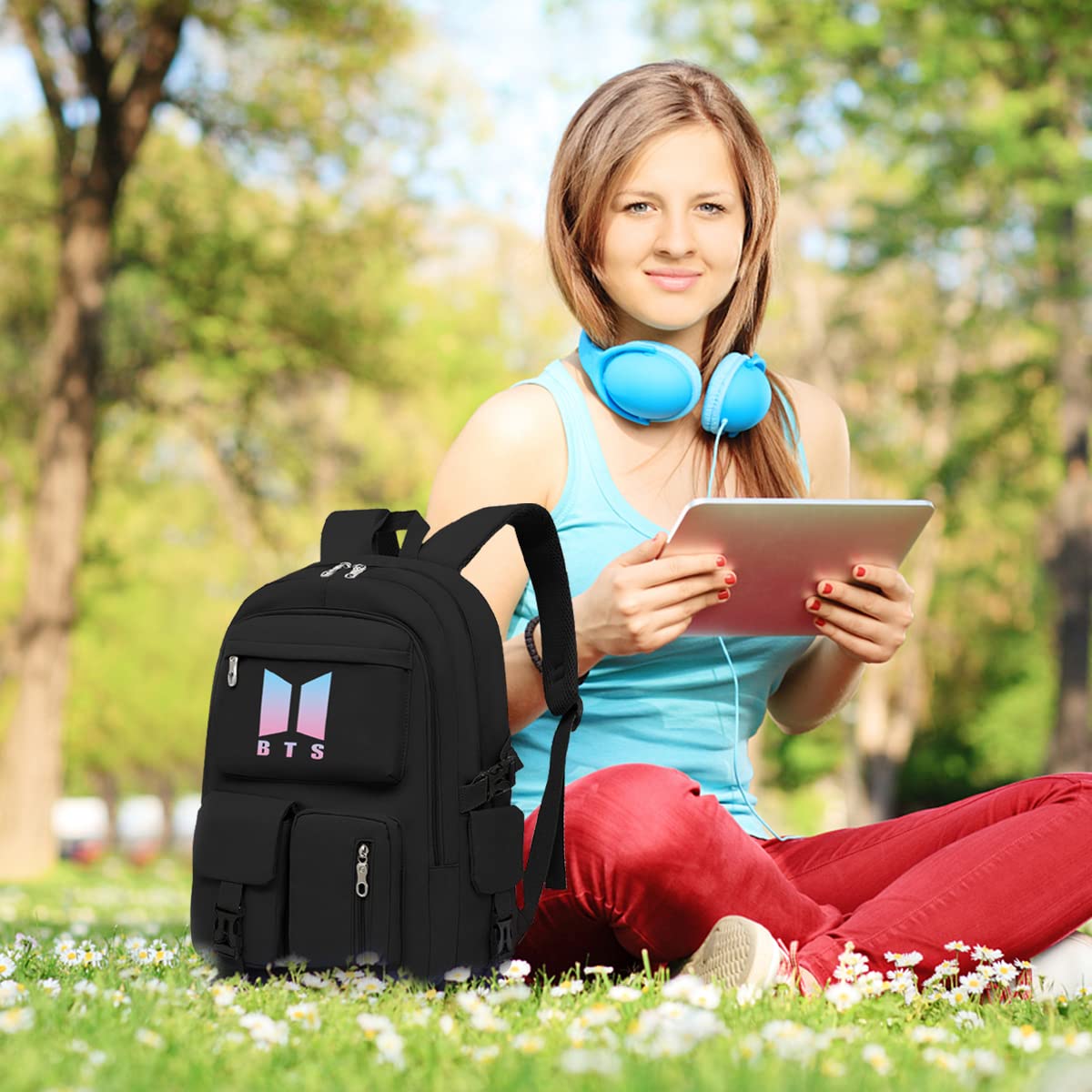 PALAY BTS Bags for Girls School Bags Kpop BTS Bangtan Theme Prints Casual Backpack for Student Laptop Bag College School Bag for Boys