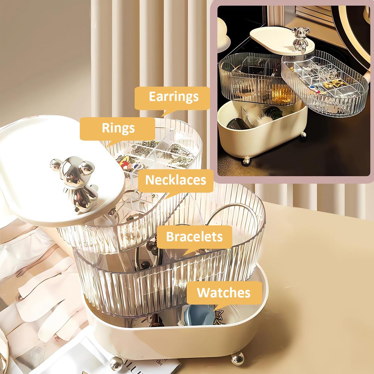 HASTHIP Jewellery Organisers 4-Tiers Jewelry Box Rotatable Hair Accessories Organizer Stand Elegant Dresser Table Acrylic Clear Storage Box for Hair Tie, Scrunchie, Earrings, Bracelets Holder