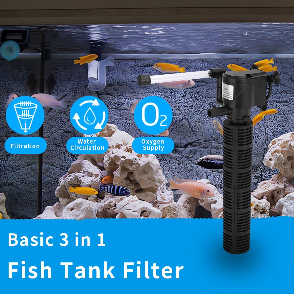 Qpets 3 in 1 Aquarium Filter with Oxygen Supply Quiet 98 Gallon Per Hour Fish Tank Aquarium Filter for 20-60L Fish Tank Small Medium Fish Tank Filter Wall Hanging Aquarium Filter
