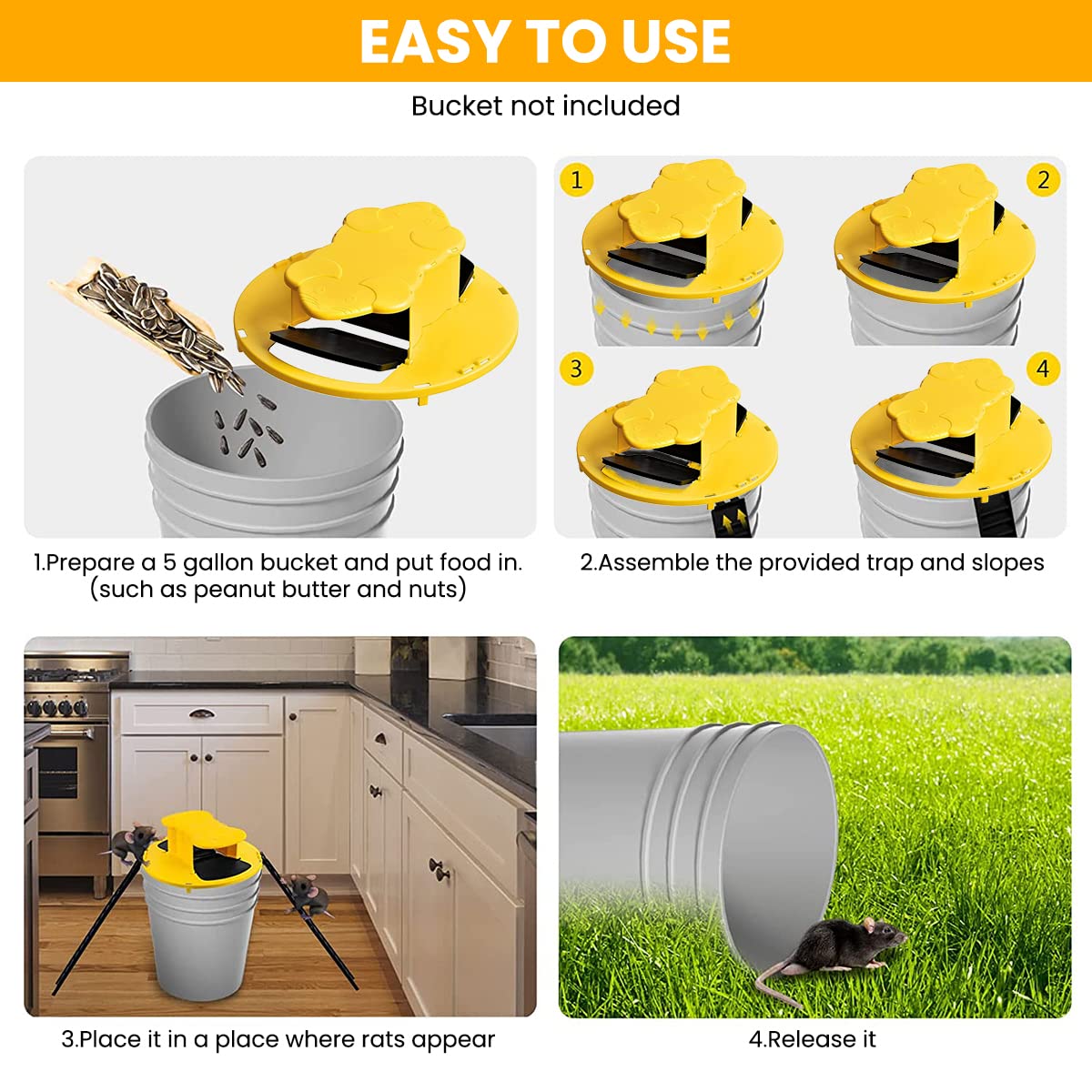 HASTHIP Mouse Trap for Mice, Rats, Chipmunks, Squirrels, Hamsters and Other Rodents, Reusable Trap Bucket Rat Catcher, Trap Door Style, Auto Reset, Humane Not not Fatal(Bucket Not Included)