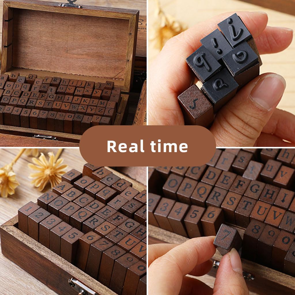 Climberty 70Pcs Rubber Stamps with Wood Storage Box, Alphabet Number Special Characters Vintage Wooden Rubber Stamps for Scrapbooking, Crafts, Card Making, Gift Wrapping