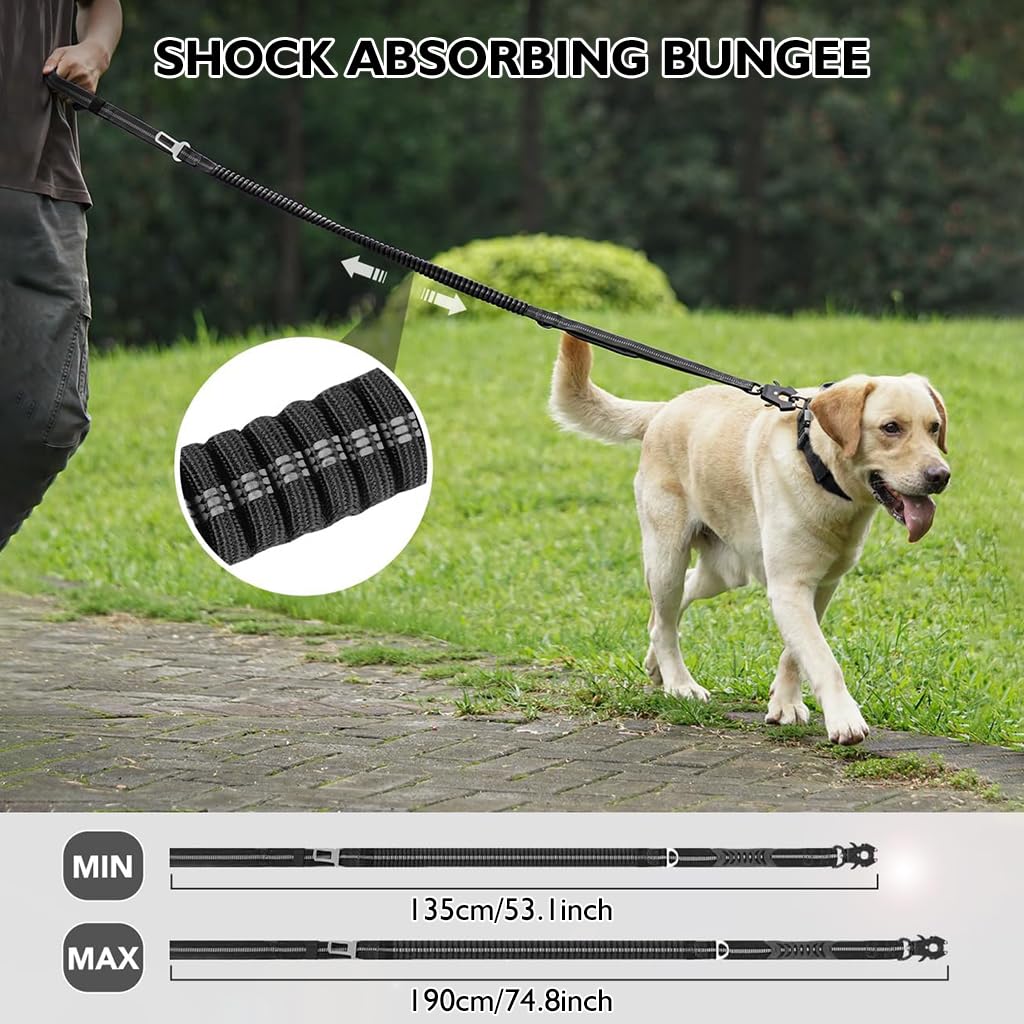Qpets Tactical Dog Belt Seat Belt, Adjustable Dog Leash with Car Seat Belt Buckle, Safety Dog Seatbelts with 2 Control Handles, Elastic Dog Harness for Medium Large Dog, Reflective(Black)