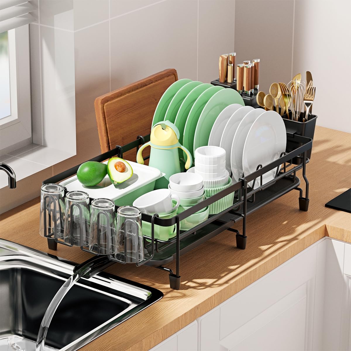 HASTHIP Dish Dry Rack with Drip Tray Metal Large Size Dish Dry Rack Drainer with Cup Holder, Telescopic Tableware Holder Organzier Kitchen Multipurpose Dry Rack for Dish, Bowl, Tableware, Cup