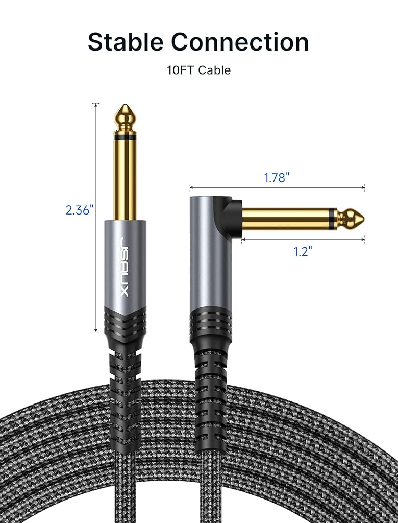 JSAUX® 9.8ft 6.35mm to Audio Cable 3M Right Angle Connection Durable Nylon Braided Pure Sound Compatible With Amps Electric Bass Guitars Speakers Keyboards Mixers Grey 3PCS