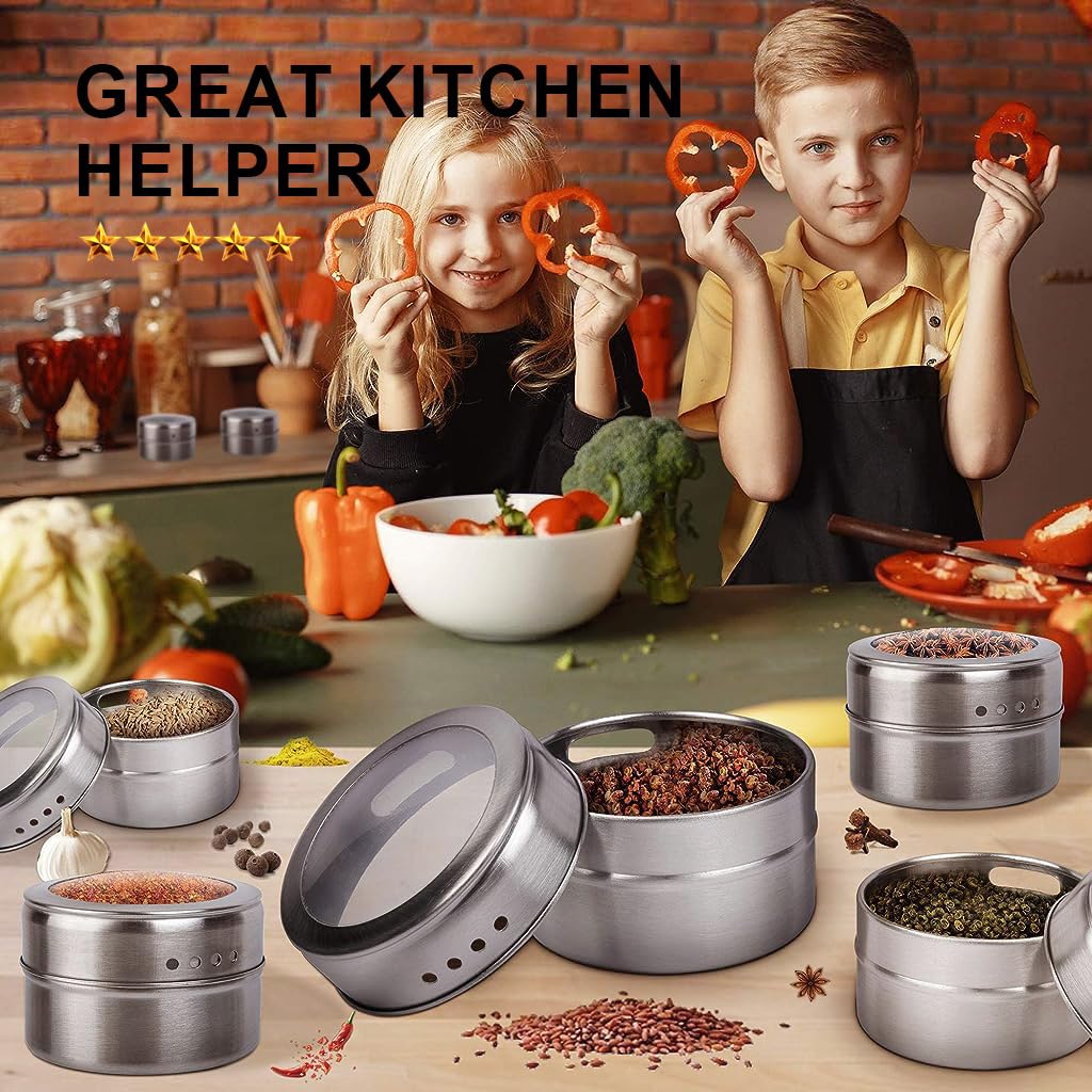 HASTHIP 6Pcs Stainless Steel Spice Box for Kitchen, Masala Box Masala Container with Clear Lid, Seasoning Dispenser for Salt, Pepper, Spices, Herbs, Blends Seasoning Container with Metal Storage Rack