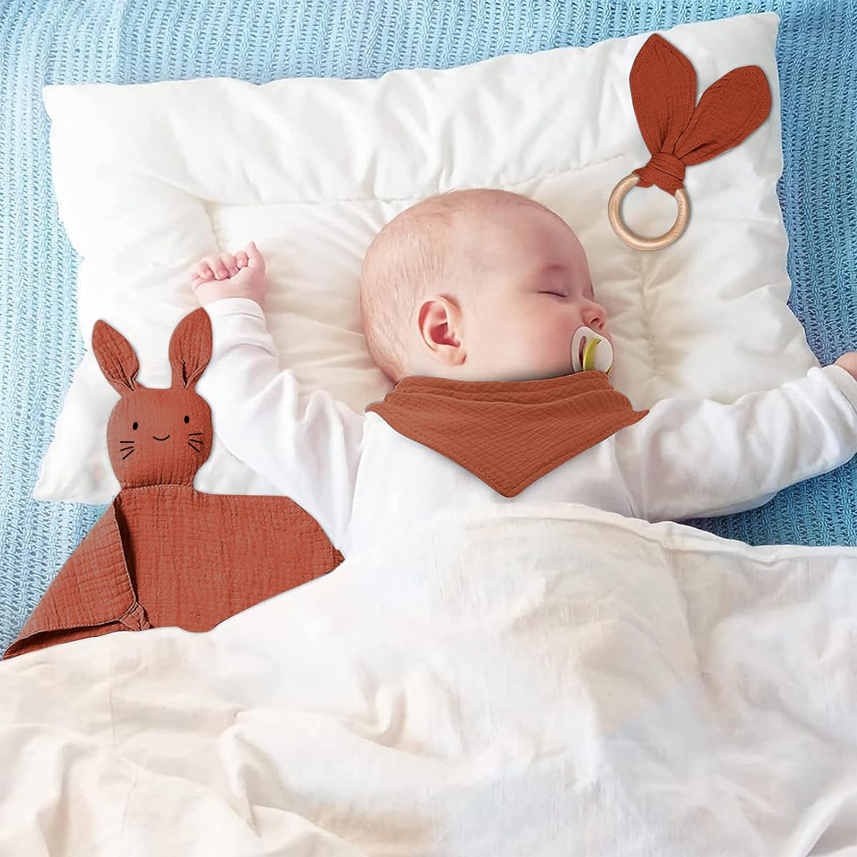 SNOWIE SOFT Set of 3pcs Baby Soothing Comforter Towel Bib Wooden Teether Ring Cartoon Bunny Soothing Towel 100% Cotton Handkerchief Hand Gripping Towel, Face Towel for Baby 0-12 Months