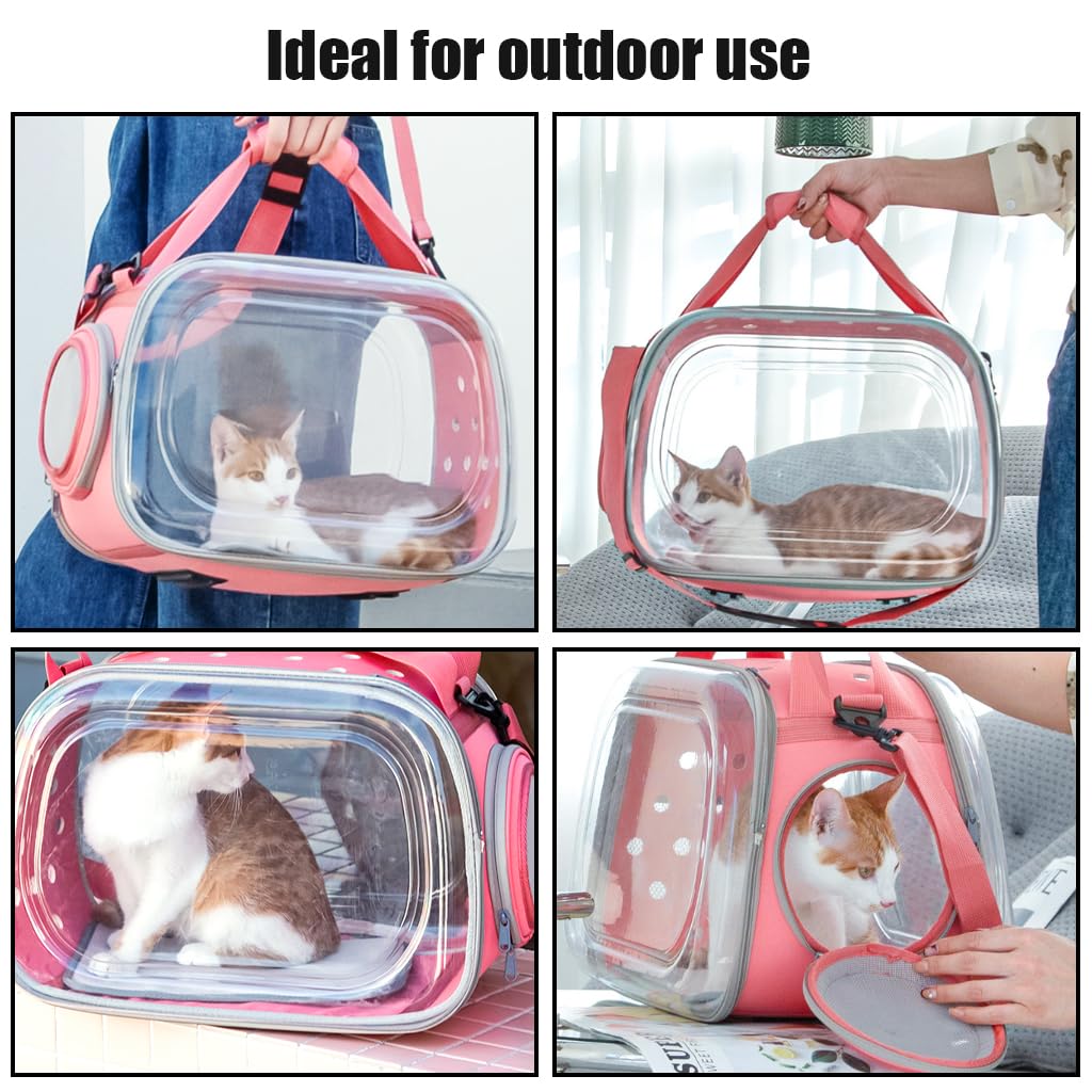 Qpets Transparent Cat Bag Carrier Backpack Hard Case PVC, Pet Carrier with Shoulder Strap, Cat Carrier with Dual Side Breathable Holes, Travel Pet Carrier for Cat, Kitten(Fit Within 9KG Cat)