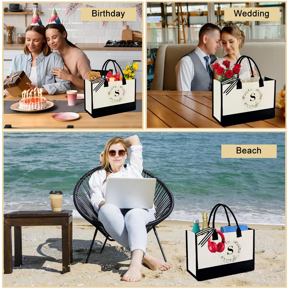 PALAY Canvas Tote Bag Letter Print Large Canvas Hand Bag for Girls Stand-up Office Tote Bag Document Bag Grocery Bag Shopping Bag with Reinforced Handles Gift for Girls