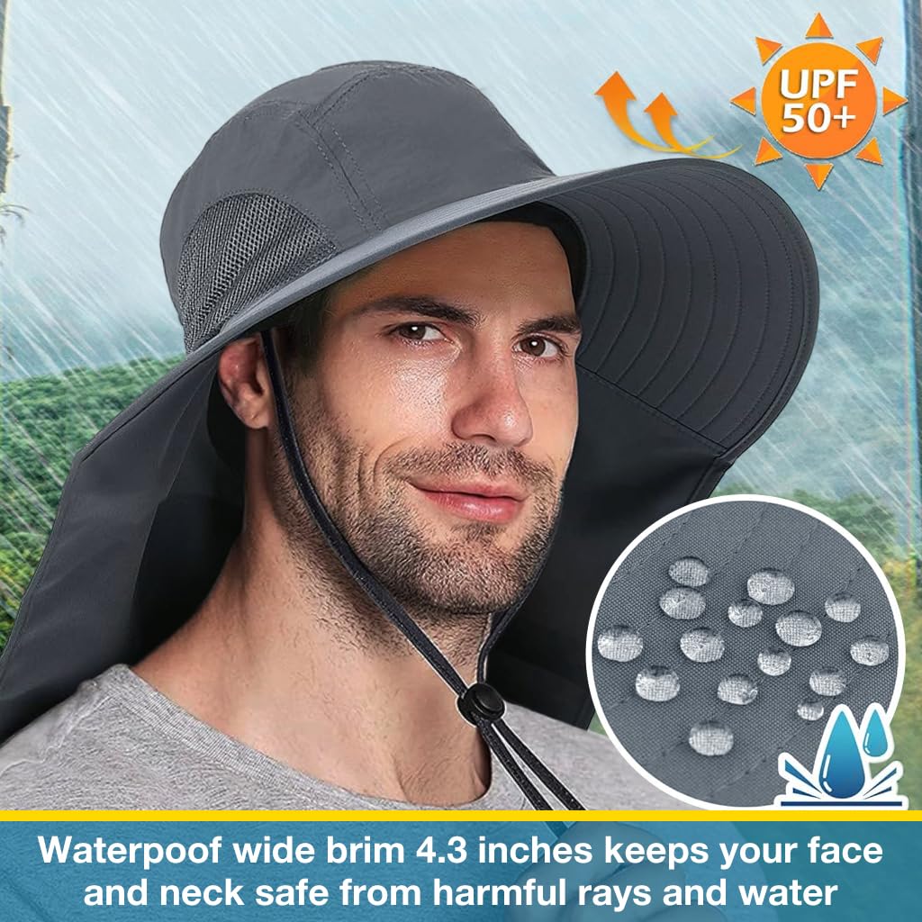 GUSTAVE Sun Hat for Men, Fashion Wide Brim Hat UV Protection Cowboy Hats Neck Flap Design & Adjustable Windproof Chin Strap Sun Hat Unisex Sun Hat Breathable Sun Hat for Hiking, Fishing, Gardening