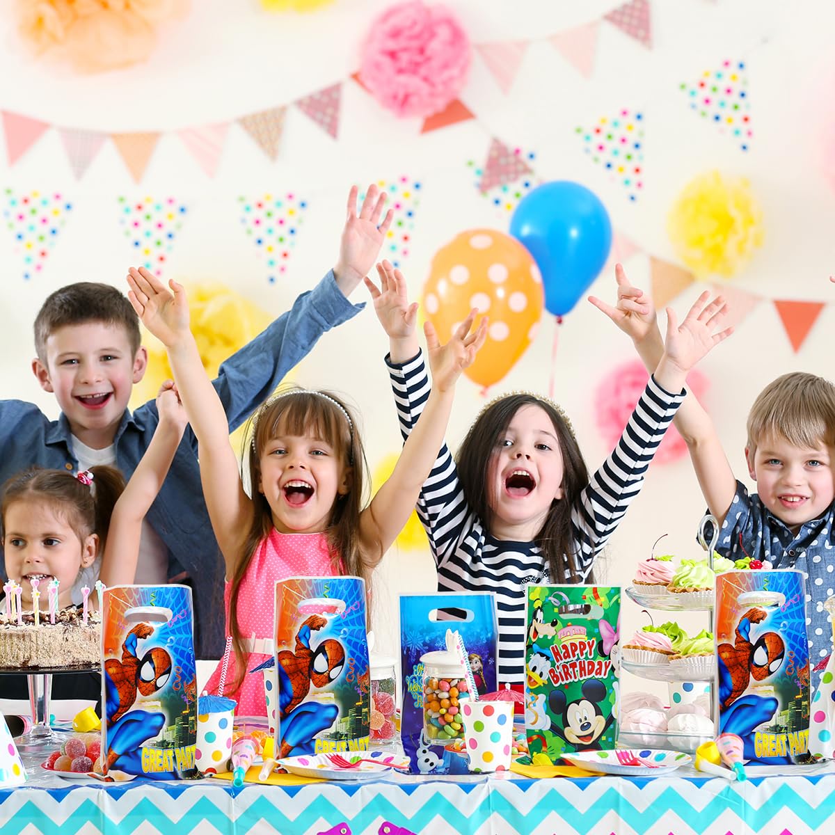 HASTHIP 60Pcs Superhero Spiderman, Mickey, Frozen Cute Party Gift Bags Candy Favors Bags for Kids Birthday Cartoon Theme Party Baby Shower Decorations