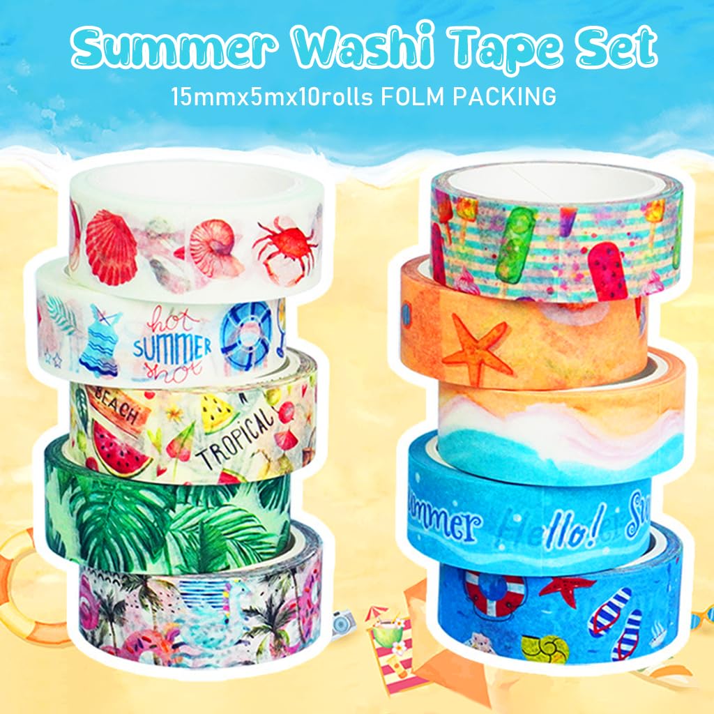 HASTHIP 10 Rolls Summer Washi Tape Set, 15mm Beach Ocean Cut Washi Masking Tape Decorative Tape for Bullet Journal, Book, Planner, Scrapbooking, DIY Arts (15mm x 5 meters Per Roll)