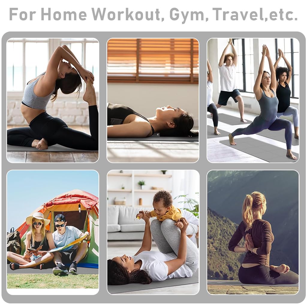 Proberos Portable Folding Yoga Mat with Carry Bag TPE Yoga Mat Anti-slip 5mm Thicken Fitness Yoga Mat for Men Women Pilates Mat for Home Workout, Gym, Travel, 72x24 inches, Grey