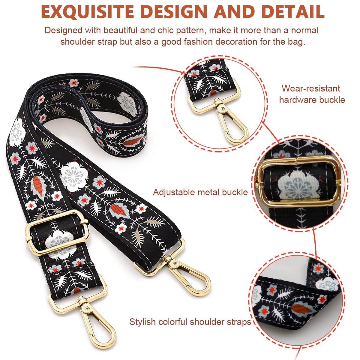 PALAY Shoulder Strap for Travel Bags Retro Jacquard Embroidery Wide Exotic Adjustable Crossbody Strap for Handbag