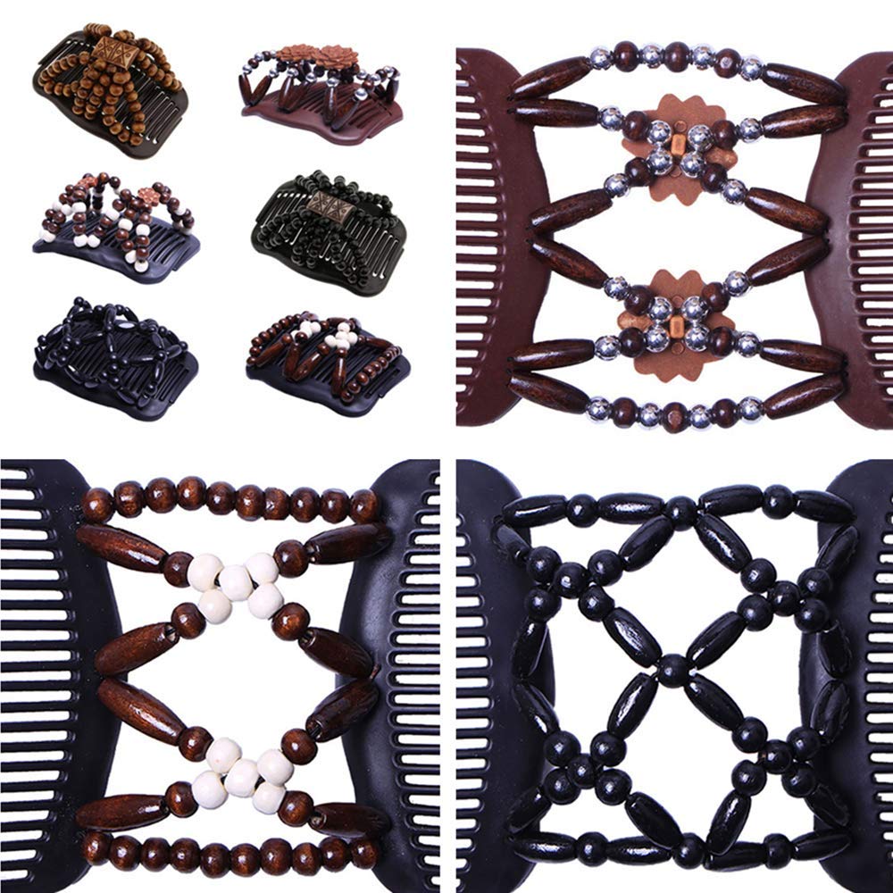 SANNIDHI 4Pcs Magic Hair Side Combs for Women Wood Beaded Hair Clips Stretch Double Hair Side Combs Clips Bun Maker Hair Accessories