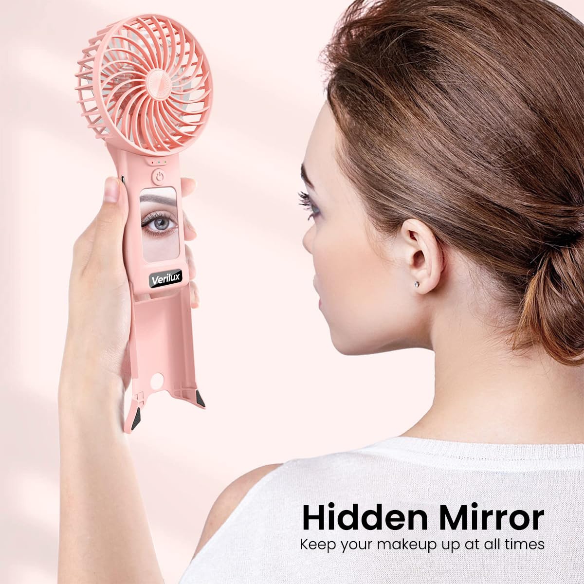 Verilux Hand Fan Mini Portable Fan with Mirror, 4-Speed USB Fan with Foldable Stand Base, Lasting Max 20Hrs Working Time, Rechargeable Fan for Girls Women Traveling Outdoor (Pink)