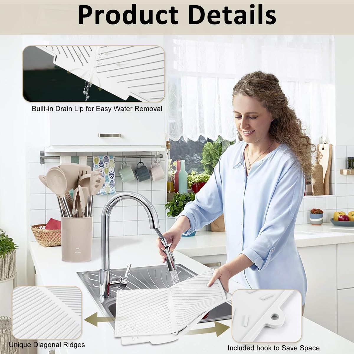 HASTHIP Kitchen Silicone Dish Drying Mat with Built-in Drain Lip, Heat-Resistant Silicone Mat for Kitchen Counter or Sink, Foldable Dish Drainer Mat Easy Clean Prevents Water - 19.9x16.7 inches