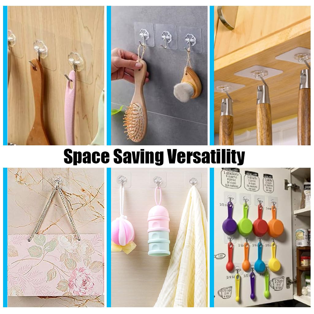 HASTHIP 20pcs Heavy Duty Self Adhesive Hooks, Transparent Wall Hooks for Bathroom Shower Door Kitchen Outdoor Home Improvement Utility Hook for wall without drilling