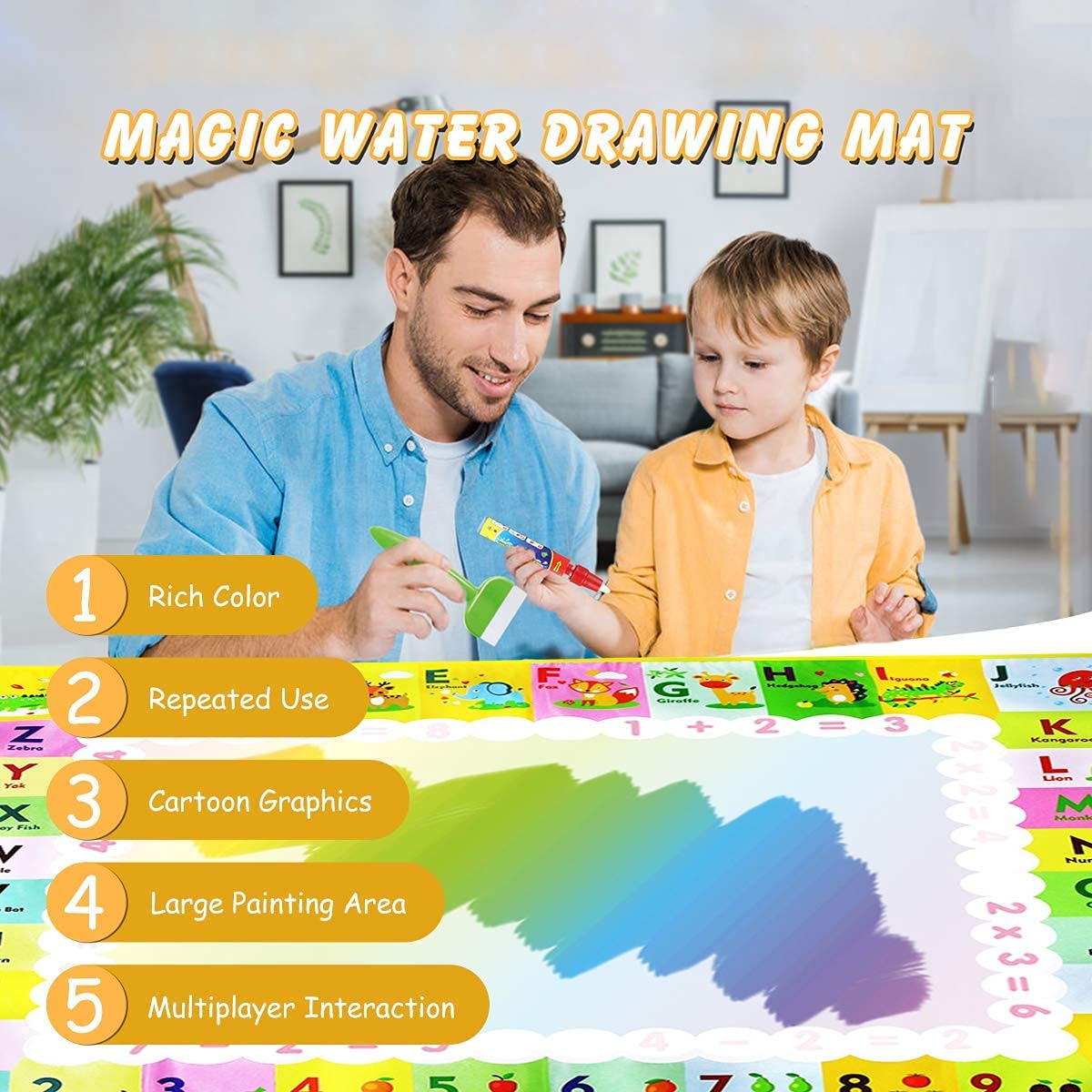 PATPAT Water Doodle Mat Larger (120 x 90cm) Water Magic Play Mat Reusable Mess Free Drawing Painting Mat Learning Toys for 3+ Year Old Boys Girls Toddlers with Many Interesting Accessories