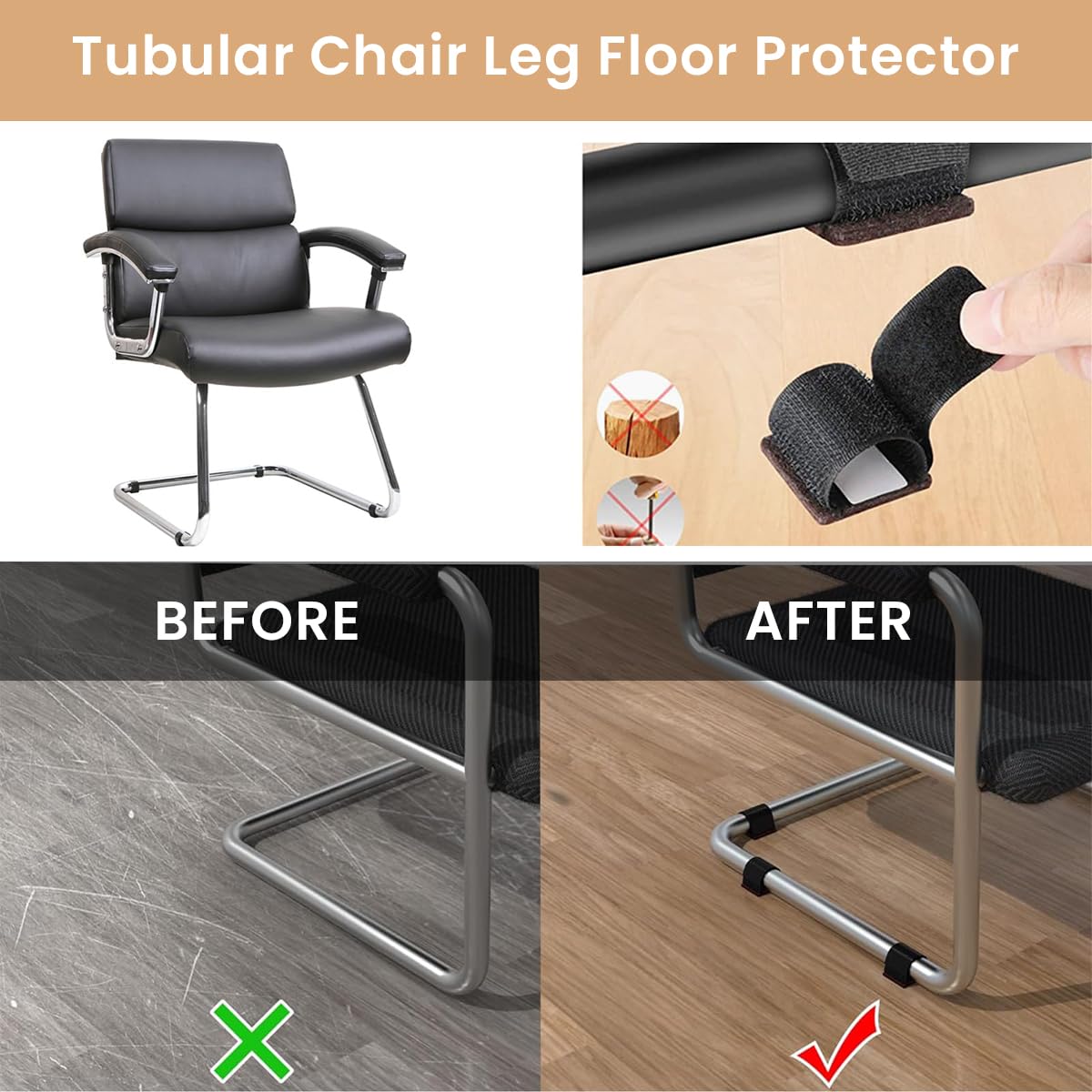 HASTHIP 12pcs Chair Feet Pads Non-Skid Felt Pad Glides for Cantilever Chairs Noise Reduction Pads Floor Protectors Hook and Loop Chair Feet Pad Straps for Cantilever Chair
